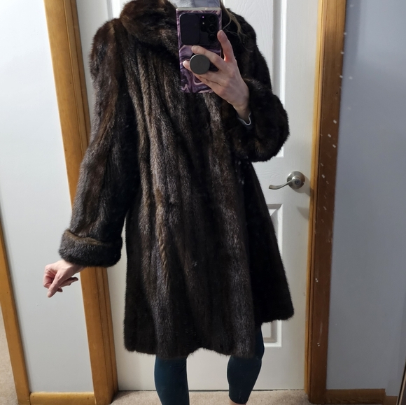 Blue Diamond Mink Canada Brown Fur Mid-Length Coat Large Glam - Picture 3 of 14